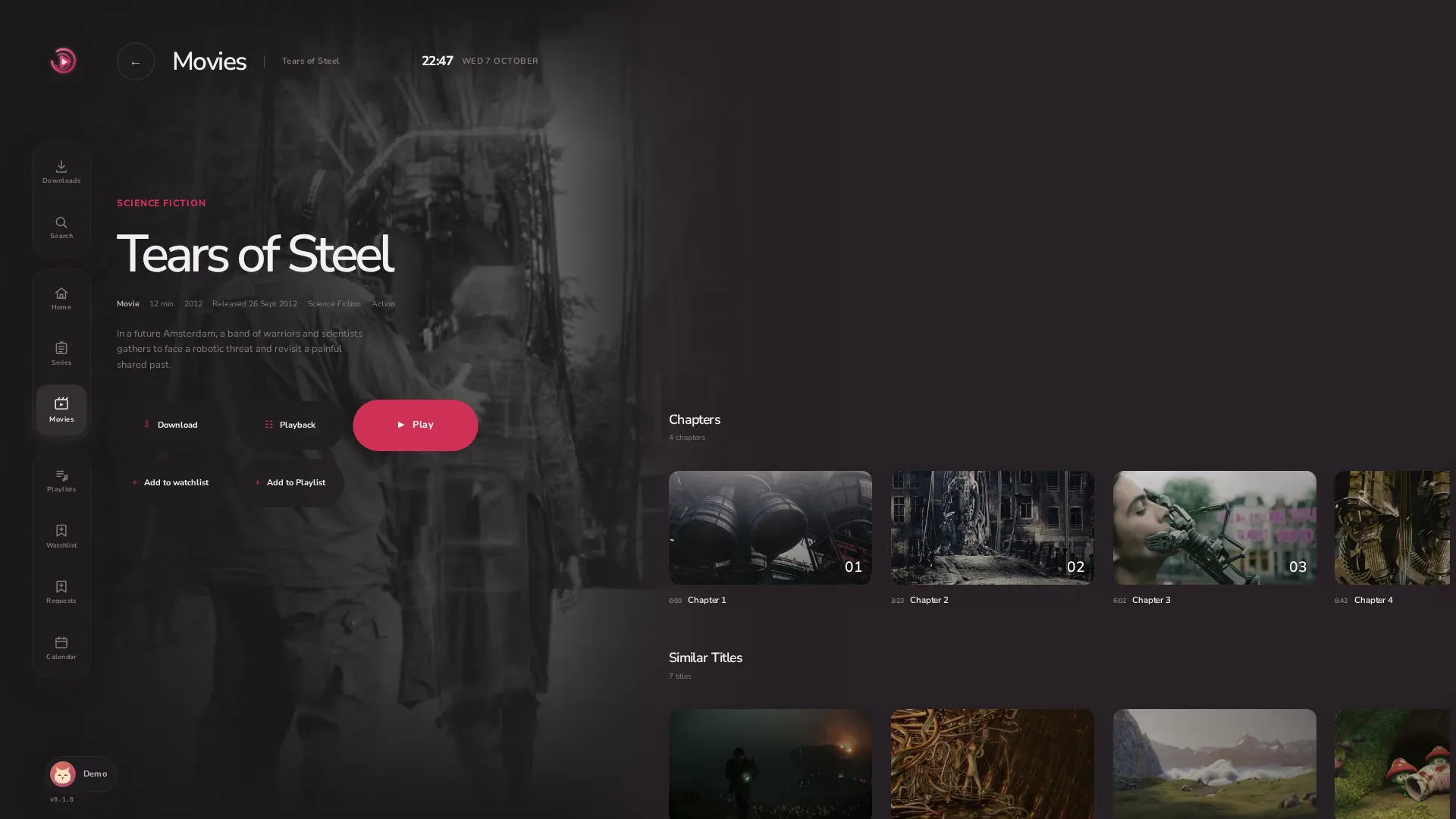 The Playarr detail page for a sample title, showing chapters and similar titles