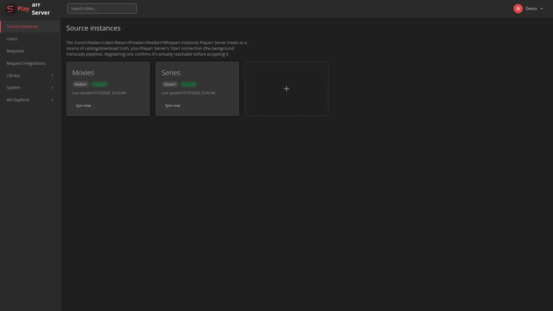 The Playarr Server admin panel, showing connected Radarr and Sonarr source instances